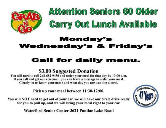 Grab N Go lunches at the Waterford Senior Center