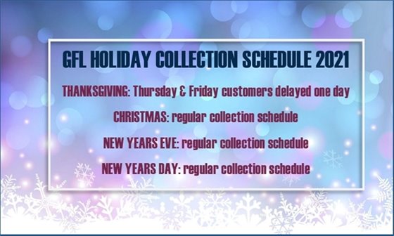 GFL Holiday Schedule - no further delays in 2021