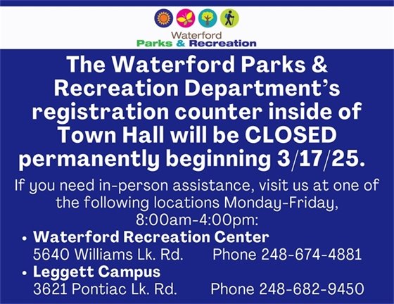 PARKS AND REC TOWN HALL COUNTER PERMANENTLY CLOSED