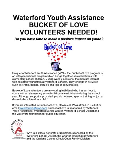 Waterford Youth Assistance Bucket of Love Volunteers Needed