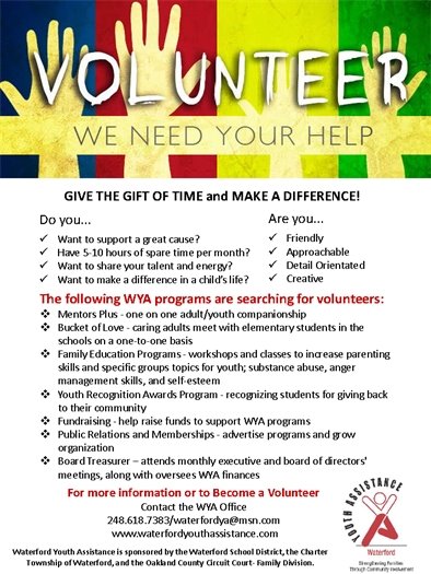 Waterford Youth Assistance Volunteers Needed 248-618-7383
