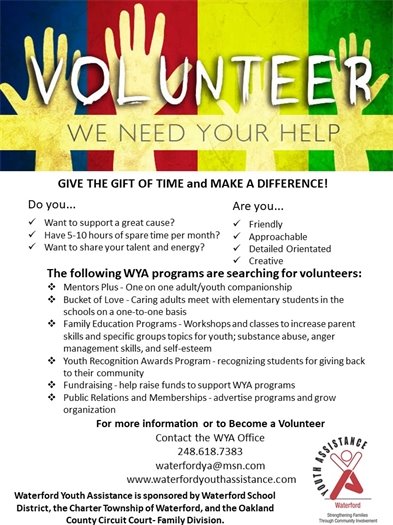 volunteer flyer Waterford Youth Assistance