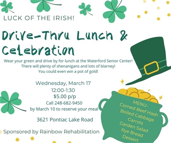 Drive-Thru Lunch & Celebration Waterford Senior Center 628-9450