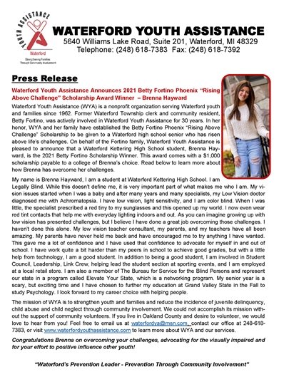 Waterford Youth Assistance Betty Fortino Scholarship