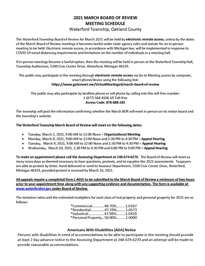 Assessing 2021 Board of Review Schedule Notice