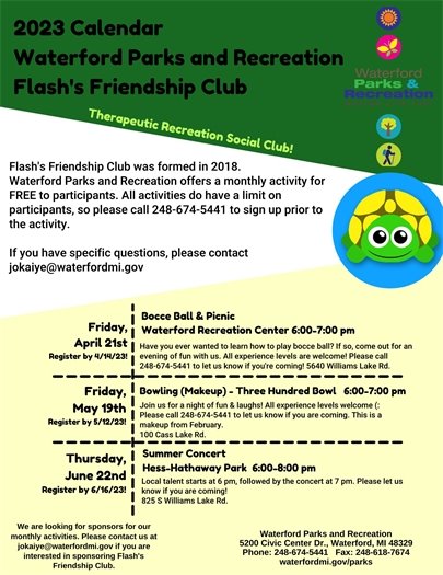 Flash's Friendship Club April through June