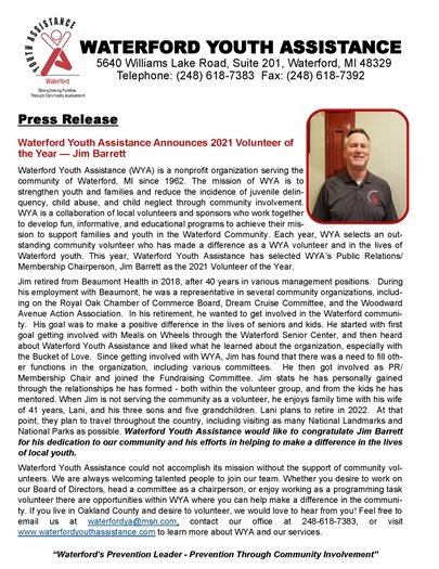 Waterford Youth Assistance volunteer of the year